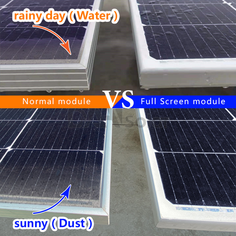 Full Screen PV Module has no front frame, there is no height difference between the side frame and the glass, which can greatly improve the drainage of the module